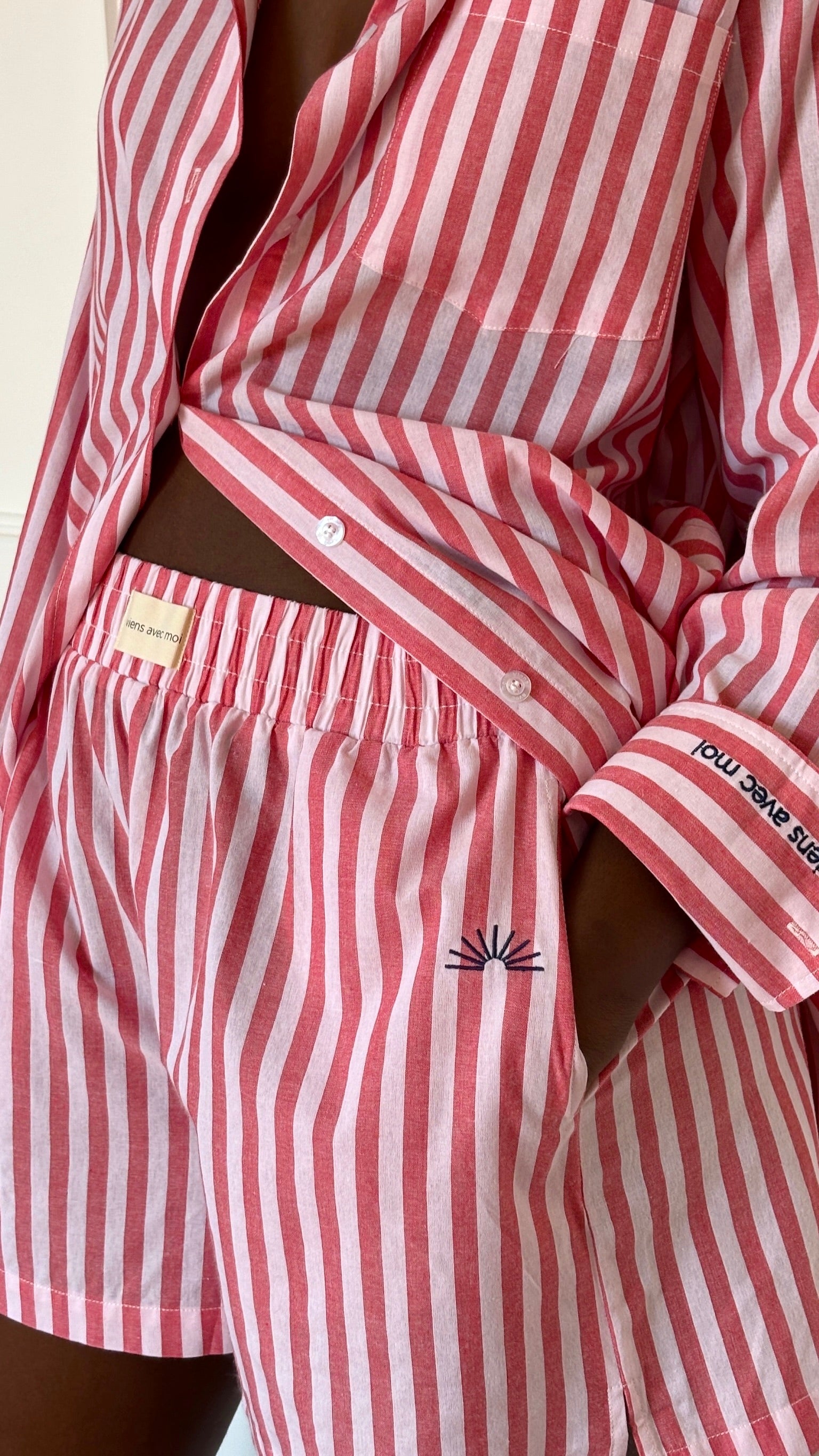 Red and white striped cotton Summer Boxer Boyfriend Shirt and matching shorts with "viens avec moi" cuff embroidery.