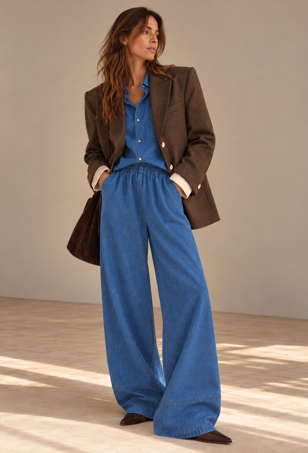 A woman stands in a studio wearing a brown blazer over a blue button-front top and matching wide-leg blue pants, with her hands in the trouser pockets.
