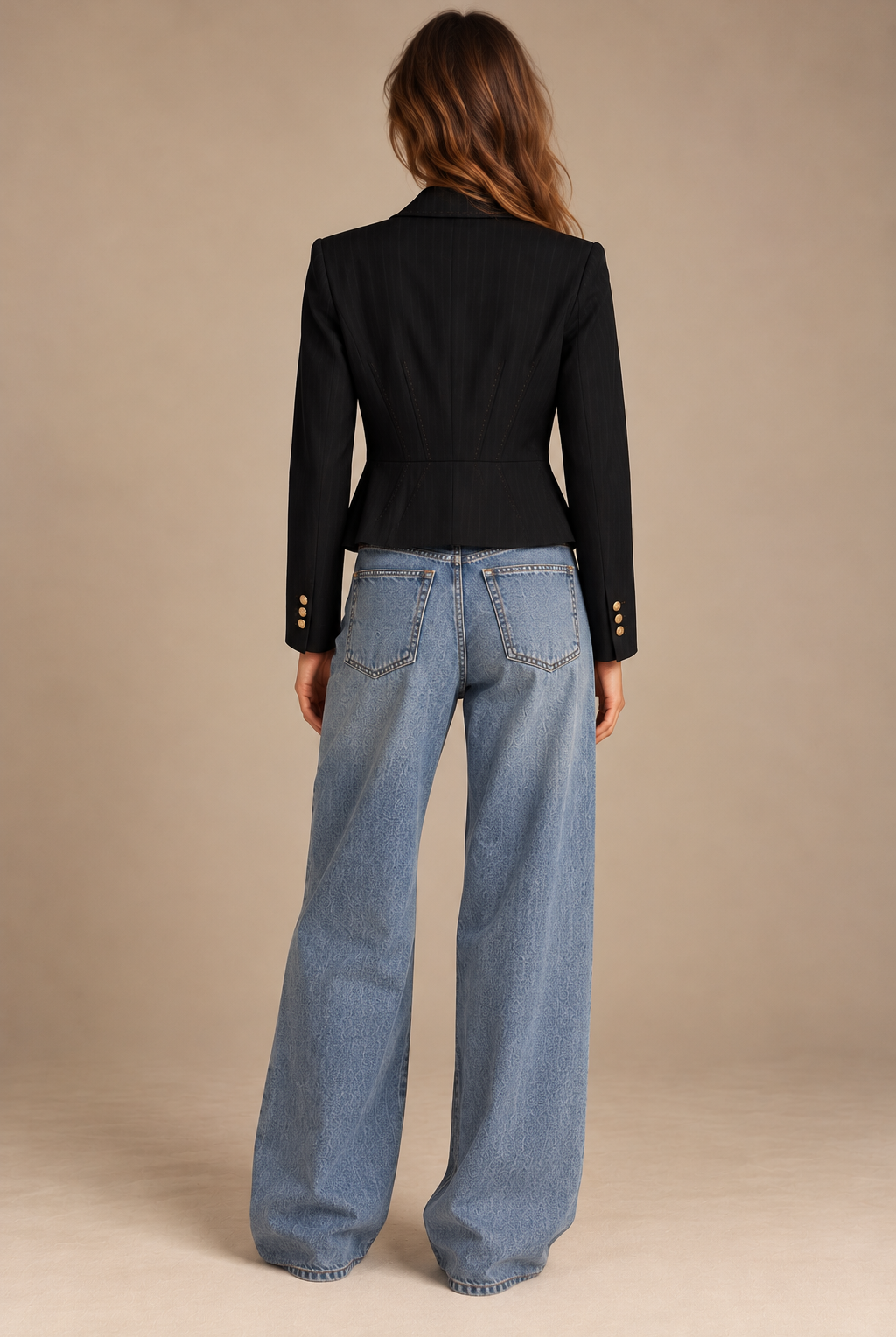 Back view of vintage cropped blazer with peplum and princess seams