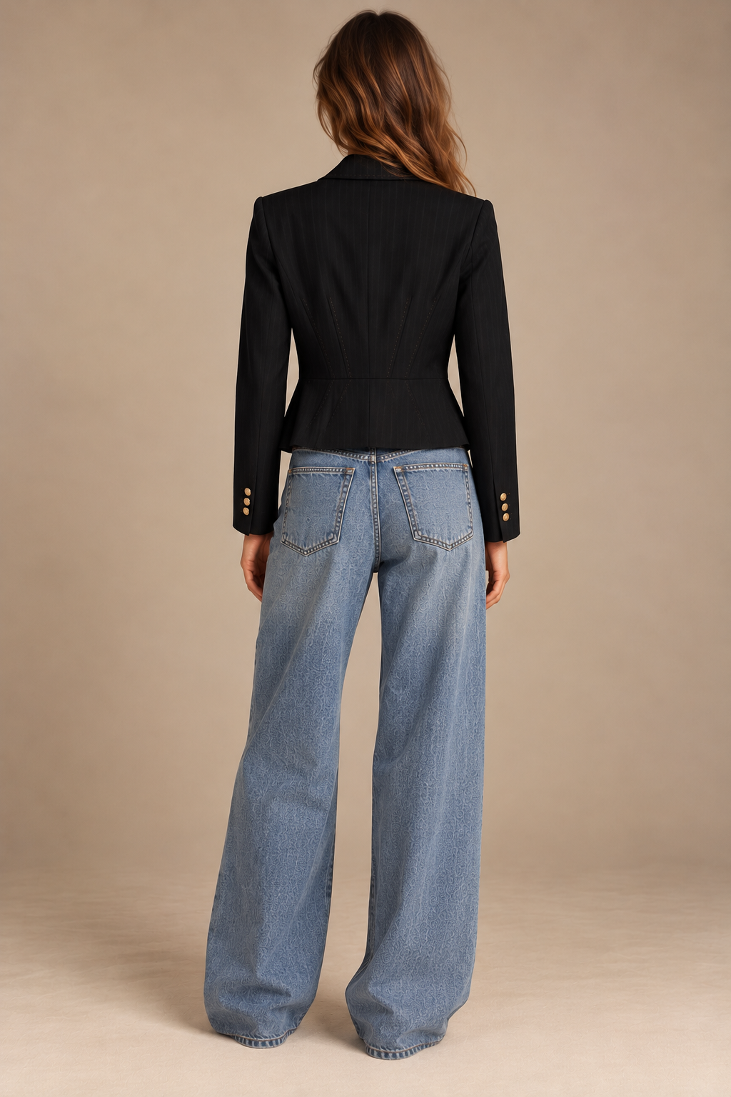 Back view of vintage cropped blazer with peplum and princess seams