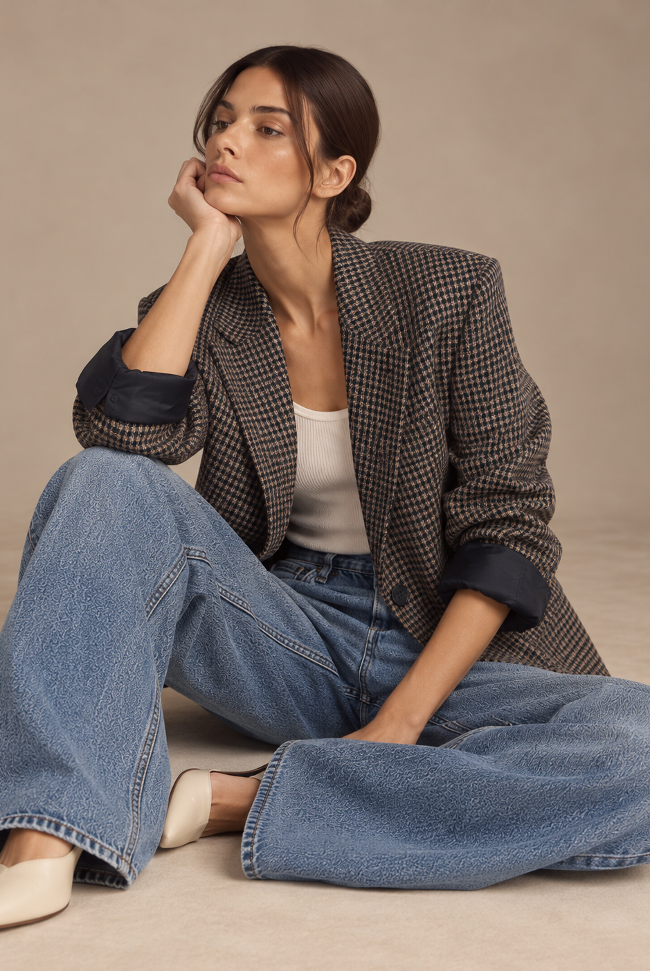 Model seated wearing oversized check blazer with rolled sleeves and baggy jeans
