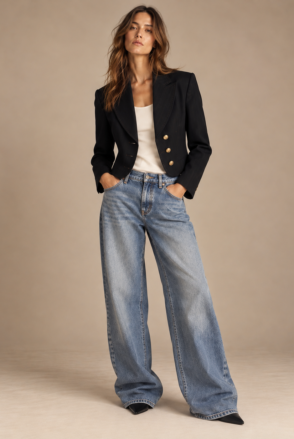 Woman wearing vintage cropped black blazer with gold buttons and wide-leg jeans, front view