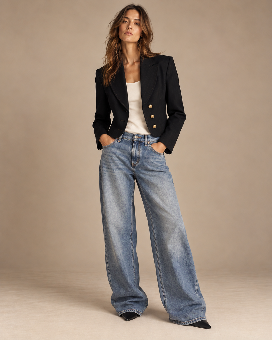 Woman wearing vintage cropped black blazer with gold buttons and wide-leg jeans, front view