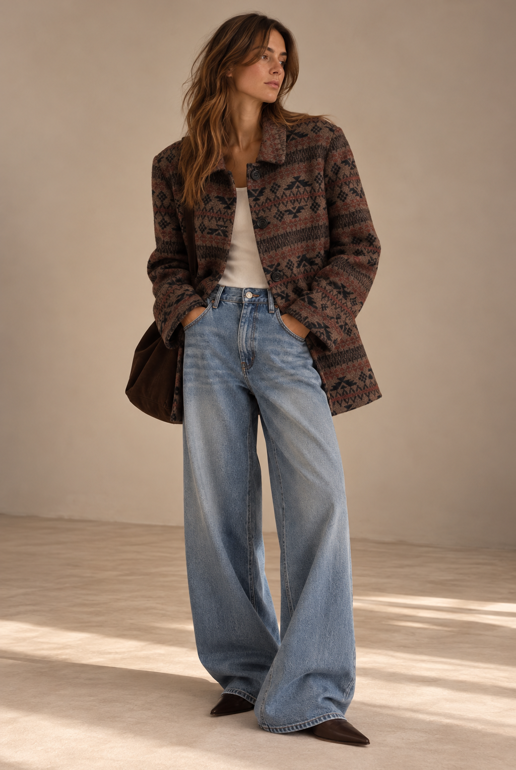 Woman wearing vintage brown and rust geometric jacquard coat with wide-leg jeans, front view