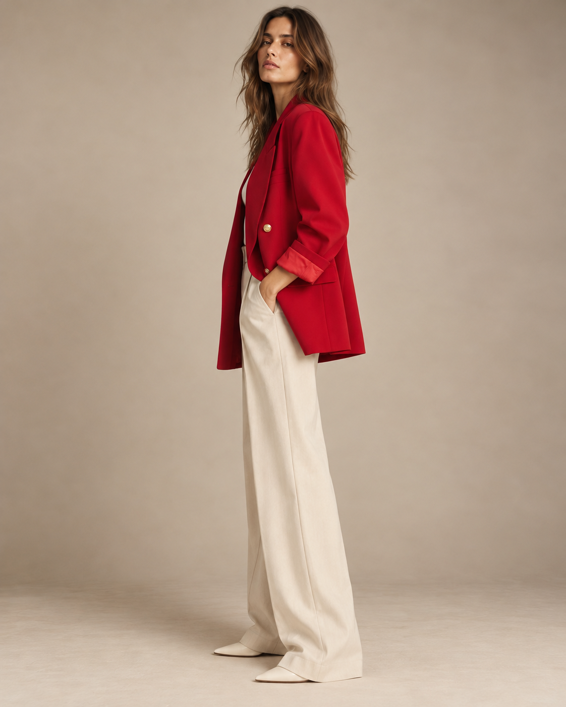 Side view of red double-breasted blazer with cream trousers and pointed flats