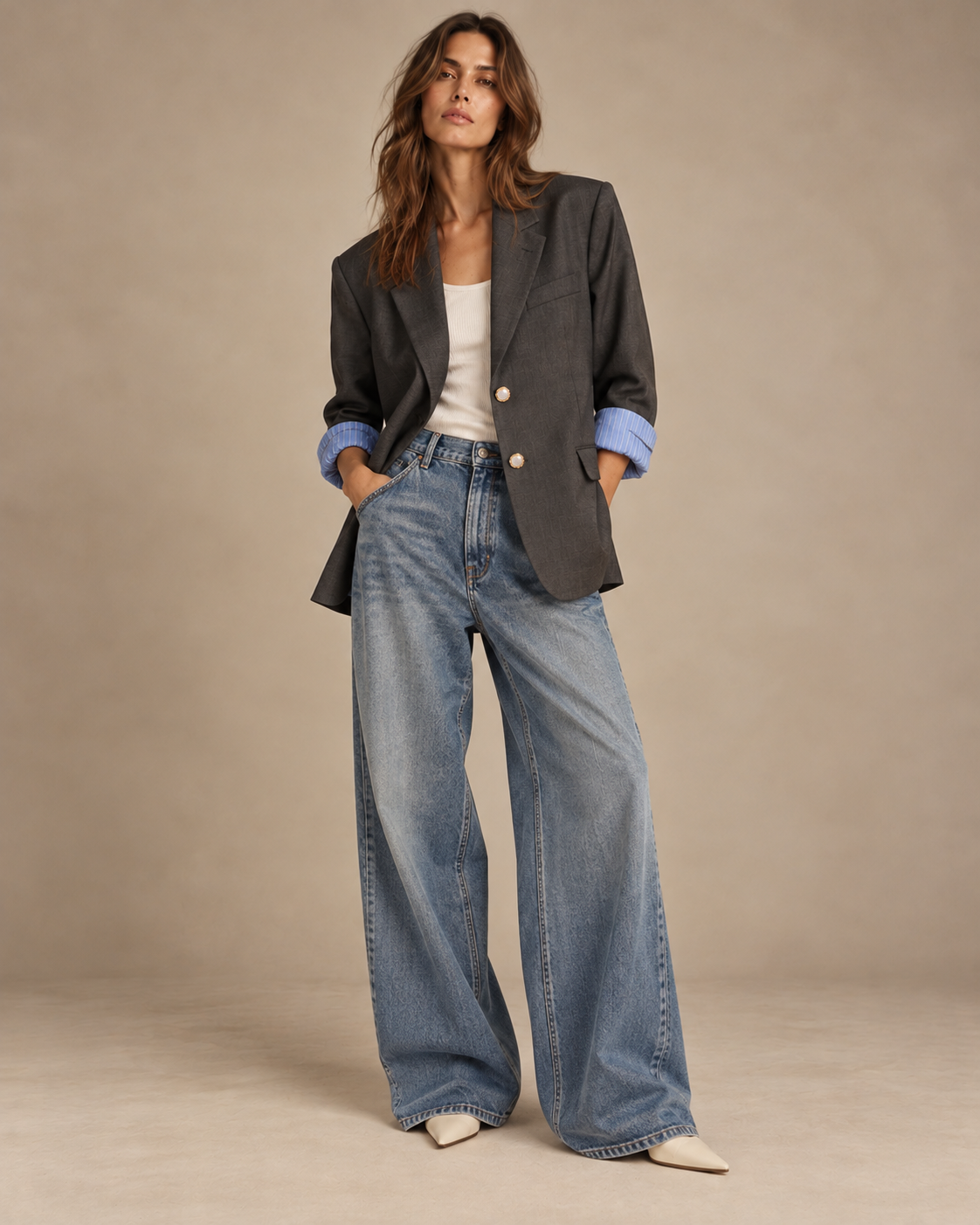 Vintage oversized charcoal grey blazer worn with white tank and baggy wide-leg jeans