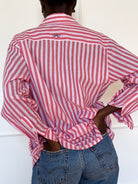 Red and white striped Summer Boxer Boyfriend Shirt with sunset embroidery on back.