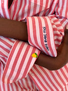 Red and white striped cotton Summer Boxer Boyfriend Shirt with "viens avec moi" and lemon embroidered cuffs.