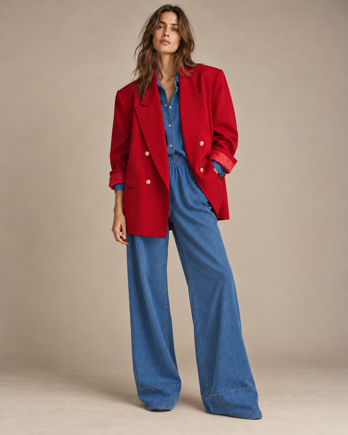 Vintage red oversized double-breasted blazer worn with denim shirt and wide-leg jeans
