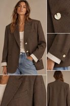 Vintage brown blazer, details, with sleeves turned up over striped shirt, breast pocket