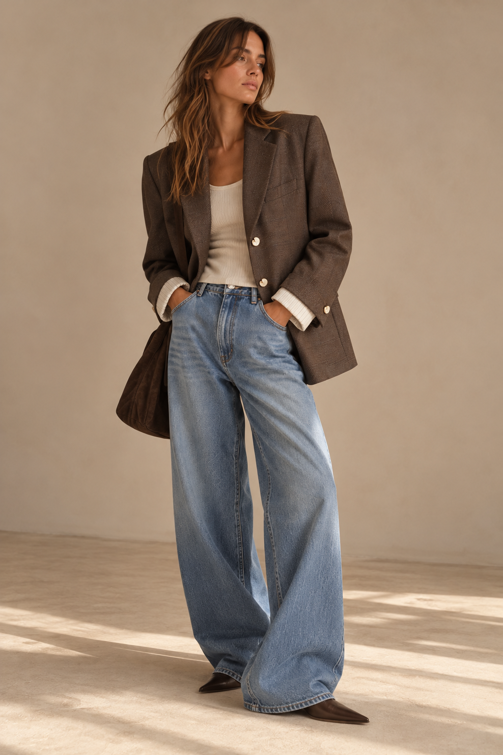 Woman wearing oversized vintage brown blazer with wide-leg jeans, front view