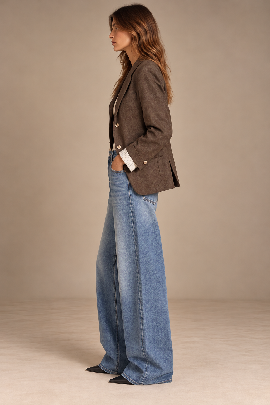 Vintage brown blazer, side view, with sleeves turned up over striped shirt