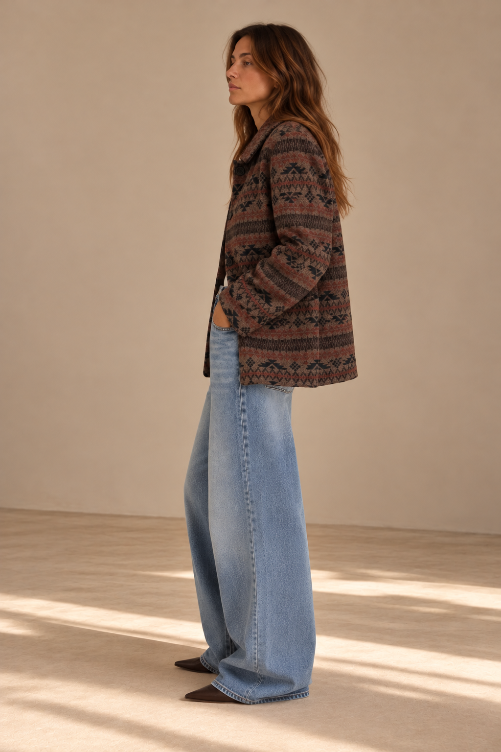 Woman wearing vintage brown and rust geometric jacquard coat with wide-leg jeans, side view