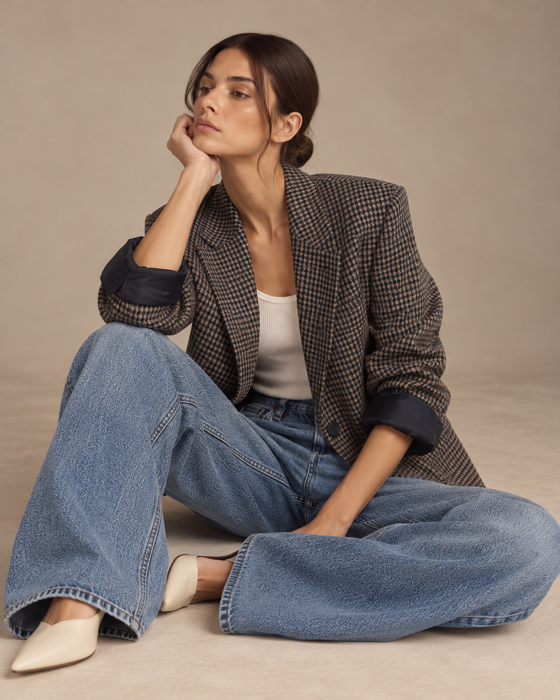 Model seated wearing oversized check blazer with rolled sleeves and baggy jeans